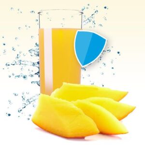 Frisches Mango-Getränk neben Mangostücken und Schutzschild, steht für Stärkung der Abwehrkräfte durch trinkForm®