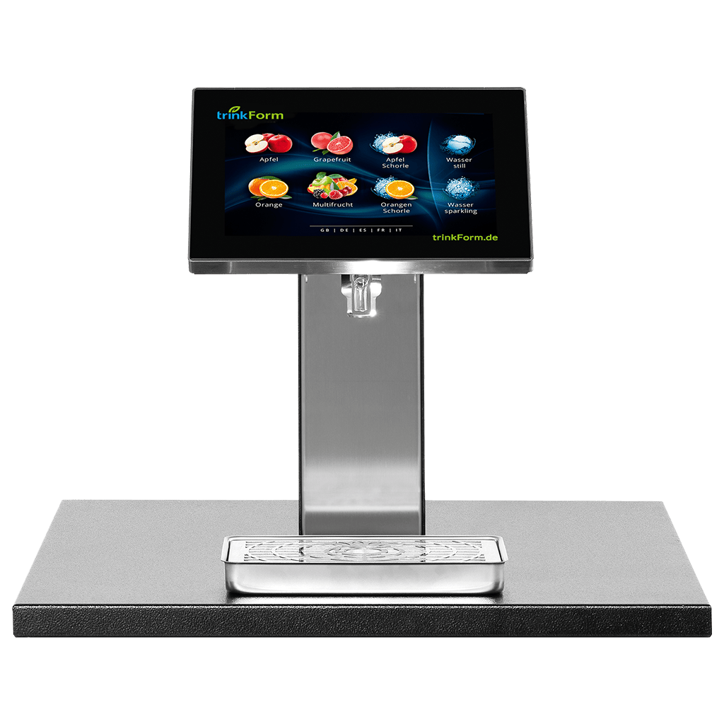 Einbau-Getränkeautomat von trinkForm® der CT Reihe für Arbeitsplatten mit digitalem Auswahlbildschirm und vielfältigen Getränkeoptionen.