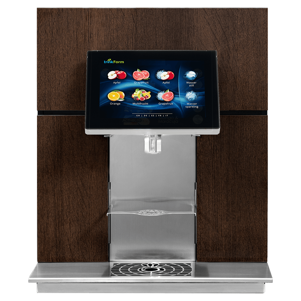 Interaktiver Touchscreen des trinkForm® Getränkeautomaten der ID Reihe zeigt vielfältige Getränkeoptionen und einfache Bedienung