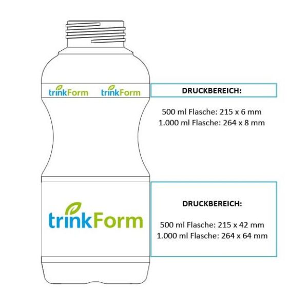 Spezifikation der Druckbereiche für trinkForm® Trinkflaschen aus Tritan, ideal für Anpassungen und Branding