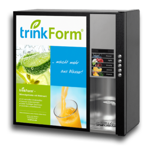 Wandmontierter Getränkeautomat trinkForm® der WM Reihe mit Auswahl an Getränkepulver für erfrischende Mineralgetränke